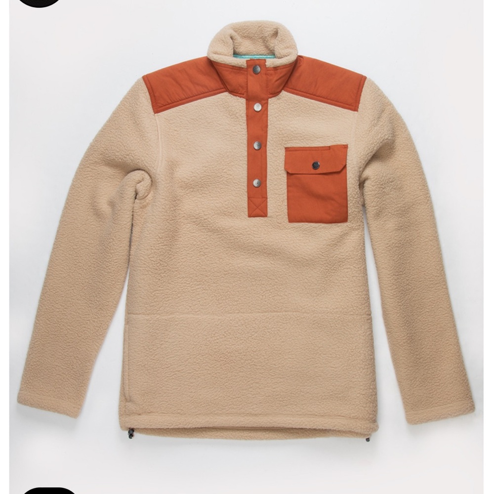 Jetty Juniper Pines 1/4 Button Sand & Orange Fleece Pullover Sweater, Small